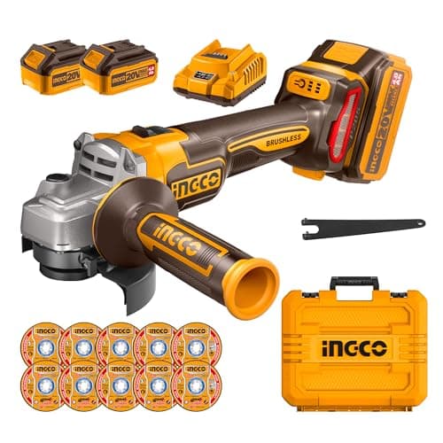 Image of INGCO 115mm Cordless Angle Grinder 20V Brushless Angle Grinder Tools 9000RPM M14 with 2Pcs 4.0Ah Batteries, 1Pcs Fast Charger, 10Pcs Cutting Discs for Cutting, Polishing and Sharpening CAGLI211542