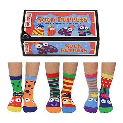Image of United Oddsocks Sock Puppets Gift Box, 6 Oddsocks That Double as Puppets – UK 9–12, EUR 27–30.5, US 9.5–13 – Fun Novelty Colourful Mix-and-Match Socks for Kids, Creative Gifting for Boys and Girls