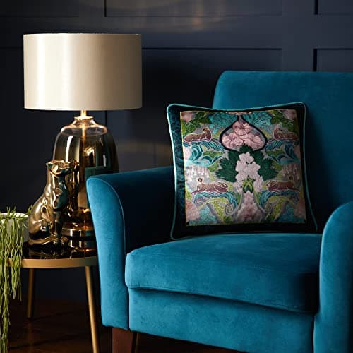 Image of Laurence Llewelyn-Bowen Velvet Cushion – Teal Jungle Print with Leopard Design – 43x43cm Luxury Throw Pillow with Piped Edge & Filling – Montrose Collection – Bold Accent for Sofa or Bed
