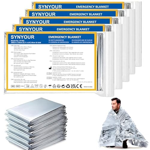 Image of SYNYOUR Foil Blankets 5 Pieces, Emergency Blanket Silver, Survival Blanket 160 x 210 cm, Thermal Blanket for First Aid Outdoors Hiking Marathons, Reflective, Space Blanket