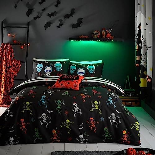 Image of Bedlam Kids Halloween Glow in the Dark Duvet Cover Set – Single Size – Dancing Skeletons – Spooky Bedding for Boys & Girls – Easy Care Microfibre – Includes Pillowcase