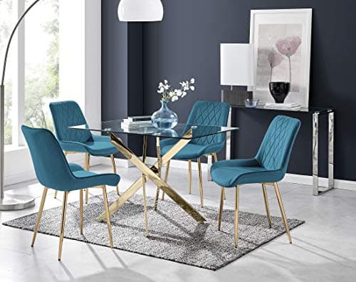 Image of Furniturebox UK Leonardo Clear Rectangular Tempered Glass and Gold Intwined Leg 4 Seater Kitchen Dining Table & 4 Blue Velvet Gold Leg Pesaro Dining Chairs