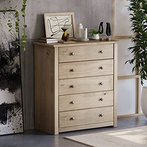 Image of Vida Designs Panama 5 Drawer Chest Solid Pine Wood Waxed Oak Finish