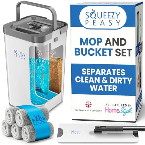 Image of SqueezyPeasy Premium Flat Mop and Bucket Set - Separates Clean & Dirty Water - Compact & Lightweight - 3 Chamber Floor Cleaning System - 360 Rotating Head - 5 Microfibre Reusable Mop Pads Included