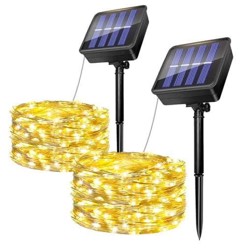 Image of 2 Pack Solar String Lights Outdoor, 5M/16.4Ft 50 LED Solar Powered Fairy Lights Waterproof, 8 Modes Copper Wire Decorative Lights for Garden, Patio, Yard, Party, Wedding, Christmas Tree (Warm White)