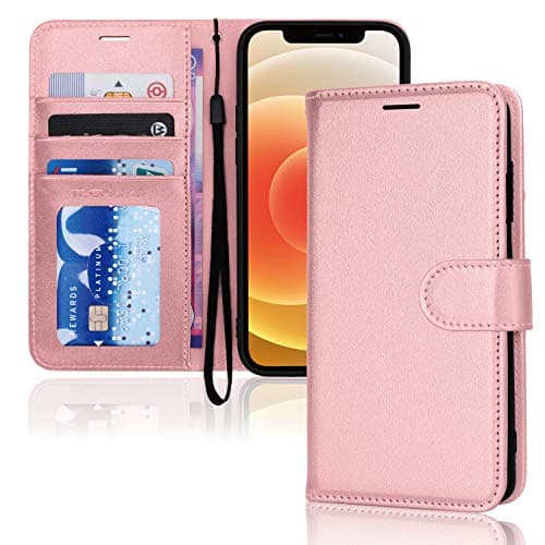 Image of TECHGEAR iPhone 12 Mini Leather Wallet Case, Flip Protective Case Cover with RFID Wallet Card Holder, Stand and Wrist Strap - Pink PU Leather with Magnetic Closure Designed for iPhone 12 Mini 5.4"