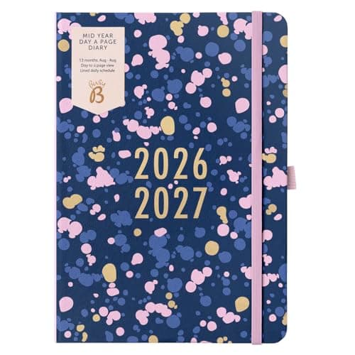 Image of Busy B A5 Day- A-Page Diary - Mid-Year Academic Planner - Aug '26 - Aug '27 – Navy Spray Journal Cover - Diary with Day a Page Planner, Pen Loop, Notes, Timetables Year Planner & Elastic Closure