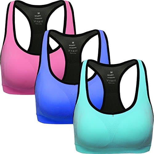 Image of ANGOOL Women's Sports Bra Padded High Impact Racerback Comfy Yoga Workout Bra, L Fit 36D 36DD 36E 38D 40BC, Blue+rose+green