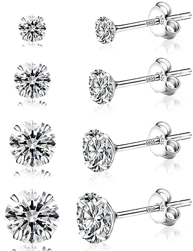 Image of Yiorxu 4 Pairs Sterling Silver Earrings for Women,Stud Earrings for Women,5A+ Cubic Zirconia Size: 3/4/5/6mm,Hypoallergenic Earrings Set Anti-Oxidation Elastic Packing Box