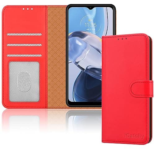 Image of iCatchy for Motorola Moto E22 Case, Leather Wallet Book Flip Folio Stand View Magnetic Protect RFID Blocking Cover compatible with Motorola E22 Phone (Red)