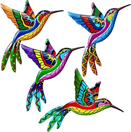 Image of Metal Hummingbird Wall Art Garden Decoration - Colorful Birds Sculpture for Fence Indoor Outdoor Hanging Ornament for Home Yard Room (4Pcs)
