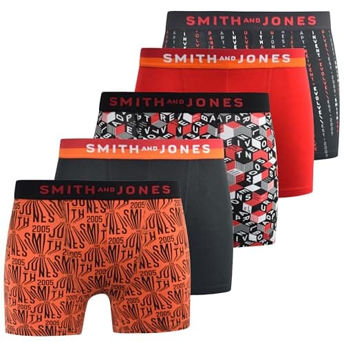 Image of SMITH & JONES mens boxers – multipack of 5, stretch cotton men’s boxer shorts, comfortable underpants for men, colourful and black underwear trunks, multi pack man briefs(XL, Brevin, Red)