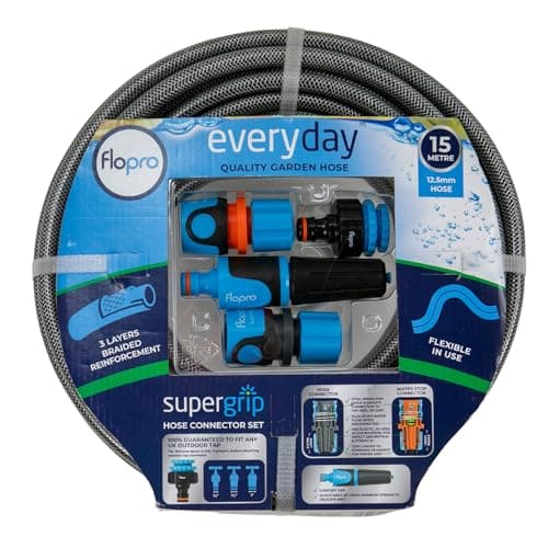 Image of Flopro - EVERYDAY garden Hose Set 12,5mm (1/2") 15m with SUPERGRIP hose pipe connectors: 1 x Outside Tap Connector, 1 x Hose Connector, 1 x Water Stop Connector, 1 x Nozzle. Universal fit
