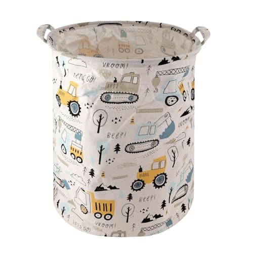 Image of Toy Box Storage Basket for Kids - Large Foldable Toy Storage Laundry Hamper, Waterproof Cotton Linen Toys Basket with Handles, Laundry Hamper & Nursery Organizer (Construction Vehicle)