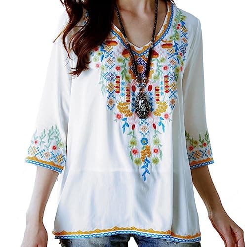 Image of Seasonal Women's Boho Embroidered Tops Mexican Peasant Style Bohemian 3/4 Sleeve Shirt Hippie Clothes Summer Tunic Blouses (White, S)