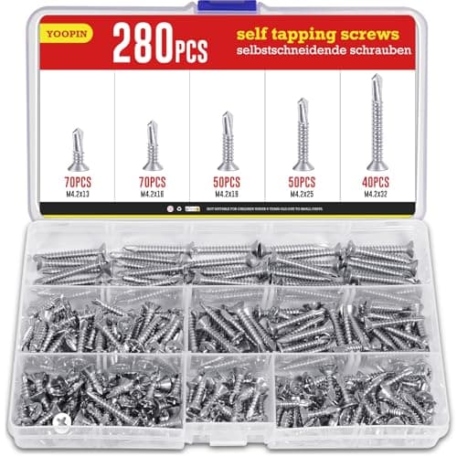 Image of YOOPIN 280PCS Self Tapping Screws Kit, Stainless Steel Self Drilling Screws, M4.2 Assorted Phillips Head Drilling Screws Set (32mm/25mm/19mm/16mm/13mm) for Wood, Metal Sheets, Roofing Windows
