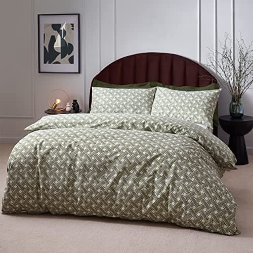 Image of furn. Hoem Alexa Duvet Cover Set – Earthy Geometric Cotton Rich Easy Care Bedding (Olive - Double)