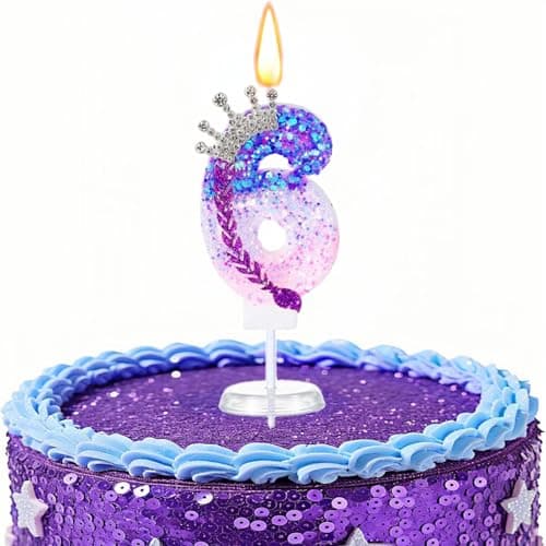 Image of K pop Birthday Number Candles, Purple Pink Birthday Candles for Cake,Glitter Number Cake Topper with Sequins for Celebrating Anniversary Theme Decorations,Cartoon MusicThemed Party Supplies (Number 6)