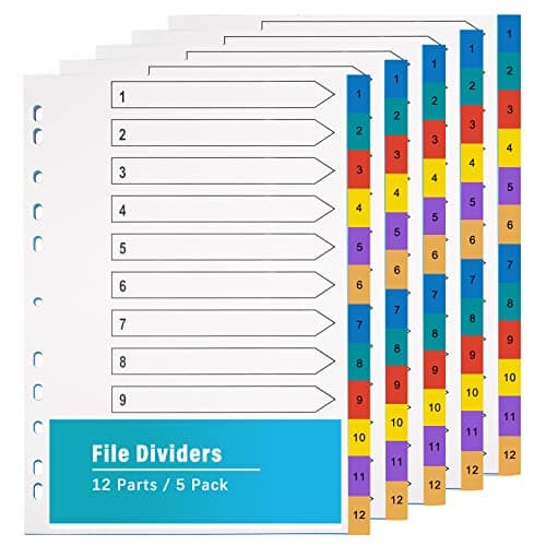 Image of A4 Wide Colour Tabs 【5 Pack】 File Dividers Coloured Mylar Multi Colours 1-12 Multipurpose Porous Index Dividers