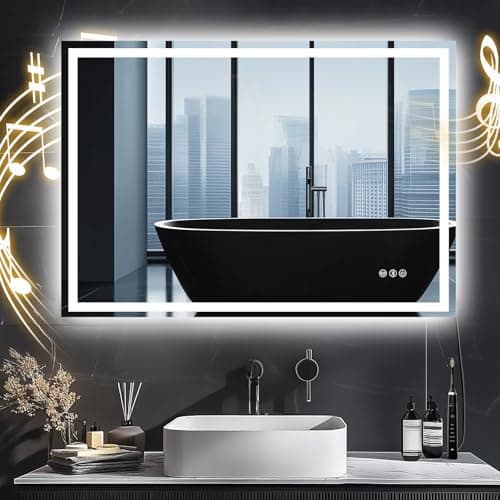 Image of CROWNSHOP Bathroom Mirror with LED Lights 100x70cm – Bluetooth LED Illuminated Mirror with Anti-Fog, 3 Colour Dimmable Lights, Touch Control & Memory Function | IP54 Rated, Horizontal/Vertical Mount