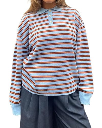 Image of Acrawnni Women Y2k Striped Oversized Polo Sweater Shirt Vintage Aesthetic Preppy Knit Long Sleeve Lapel Collar Pullover Sweatshirt Golf Rugby Sweater (A-Blue, M)