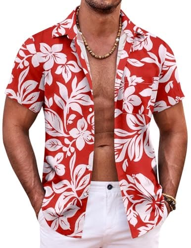 Image of COOFANDY Hawaiian Shirts for Men Short Sleeved Summer Casual Holiday Floral Tropical Shirt A-red-White Flowers XXL