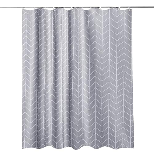 Image of Trimming Shop Grey Chevron Shower Curtain - Polyester Fabric Bathroom Curtain, Waterproof & Mould Resistant, With 12 Hooks, Washable 180x180cm Long Shower Liner, Blackout Design for Stylish Bathroom
