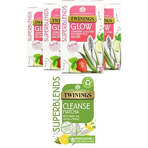 Image of Twinings Superblends Glow with Strawberry, Cucumber, Green Tea & Aloe Vera, 80 Teabags (Multipack of 4 x 20 Bags) + Cleanse, Lemon Flavoured Green Tea with Matcha, Fennel and Manganese. 20 Tea bags