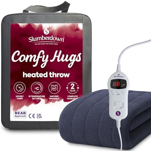 Image of Slumberdown Comfy Heated Throw Blanket (130×160cm) - Snuggly Fleece Electric Electric Blanket with 10-Heat Settings & Timer | Energy Efficient (3p/hr), 2-Year Guarantee, Washable, Navy
