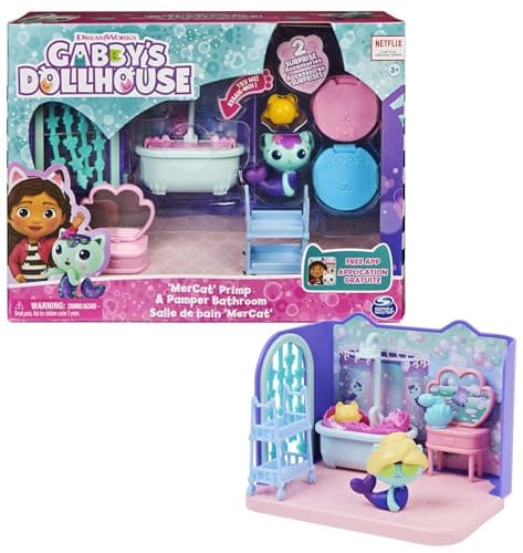 Image of Gabby’s Dollhouse, Primp and Pamper Bathroom with MerCat Figure, 3 Accessories and & 3 Furniture Pieces, Kids’ Toys for Ages 3+