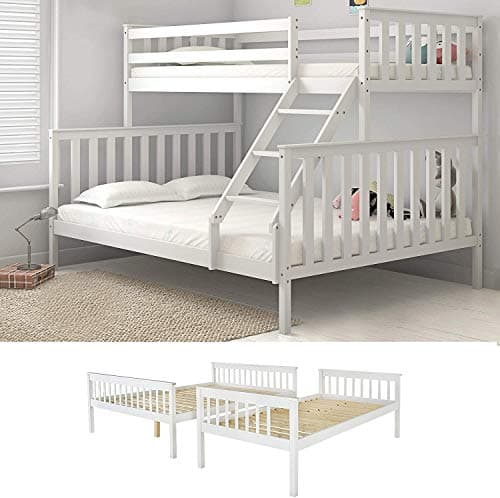 Image of Panana Triple Sleeper Bunk Beds, Single Top Double base bed, Solid Wood Frame, Wooden Bed Frame (3FT+4FT6 with ladder)