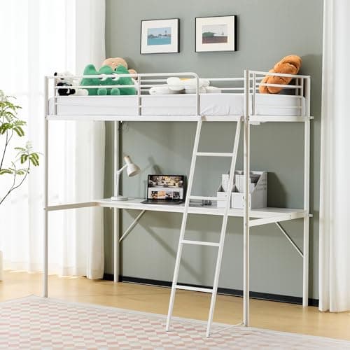 Image of Bonnlo Loft Bunk Bed with Desk, Non-Slip Inclined Ladder Single Loft Bed with Outlet and LED Light Strip, Multifunctional Raised Metal Bed Frame for Kids, Teens and Adults, White