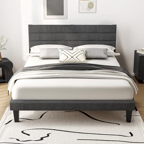 Image of Bonnlo 4ft6 Double Bed Frame,Noise-Free Upholstered Platform Bed with Adjustable Headboard & Under Bed Storage-Sturdy Wooden Slat Support-No Box Spring Needed, Linen-like Fabric,Light Grey,135x190cm