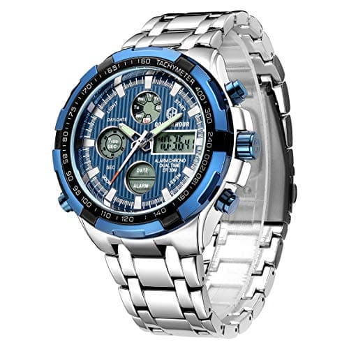 Image of Affute Fashion Mens Watches Stainless Steel Sport Chronograph Waterproof Date Alarm Multifunction Analog Digital Watch (Silver Blue)