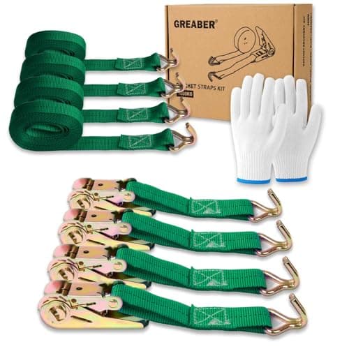 Image of Ratchet Straps (4-Pack), with 1x Work Gloves, 1000kg Break Strength, 5m x 2.5cm Heavy Duty Tie Down Strap Set with Metal Hooks for Trucks,Moving,Motorcycles,Trailer,Cargo (Green)