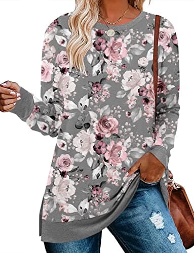Image of KISSMODA Womens Long Sleeve Tops Casual Crew Neck Longline Sweatshirts Dressy Tunic Shirts Fall Winter Trendy T Shirts with Side Slits