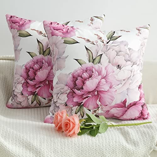 Image of Pink Floral Throw Pillow Covers Decorative White Peony Square Cushion Cover Luxury Double-Sided Decoration Flower Pillowcase for Sofa Living Room Bedroom Decor 18X18 Inch,Set of 2 Summer