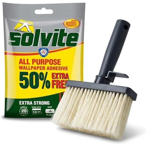 Image of Solvite All Purpose Wallpaper Paste & Pasting Brush Bundle | Mixes in 20 Seconds | Covers up to 7.5 Rolls | Suitable for Vinyl, Lining, Embossed & Heavy Wallpapers | With Fungicide
