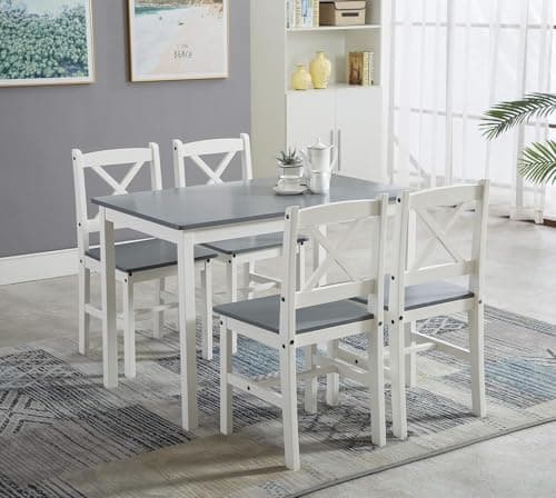 Image of mcc direct Classic Solid Wooden Dining Table and 4 Chairs Set Kitchen Home [Light Grey/White/natural] (Light Grey)