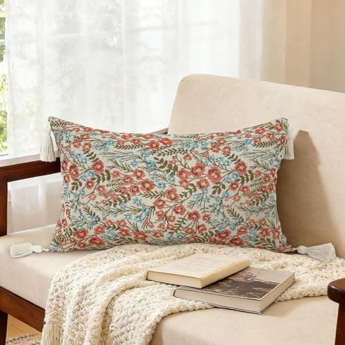 Image of Joymaison Spring Vintage Floral Cushion Covers 30 x 50 Pack of 1 Summer Rustic Wildflowers Soft Jacquard Square Throw Pillow Case Decorative Sofa Cushion with Invisible Zipper