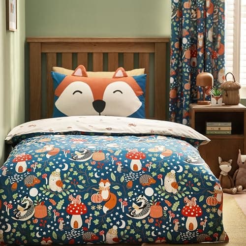 Image of Catherine Lansfield Fox and Woodland Friends Reversible Single Duvet Cover Set with Pillowcase Green