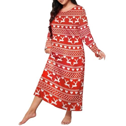Image of Long Nightdresses For Women Uk Plus Size - Cotton Nighties For Women Long Sleeves - Round Neck Loose Nightwear Cute Carton Printed Cosy Pyjamas Lightweight Lounge Sleepwear Nightwear Sleepwear Red