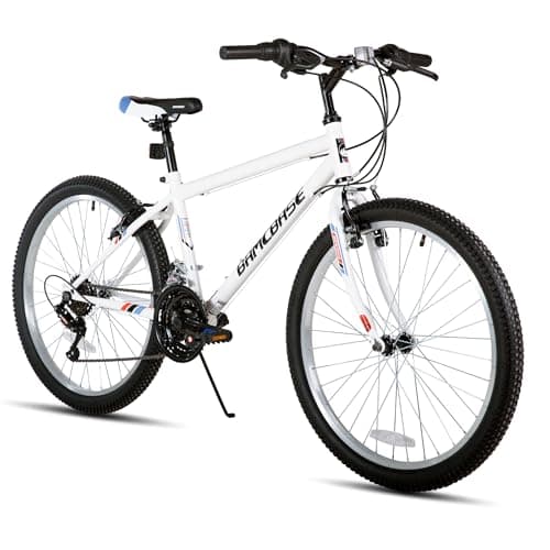 Image of Hiland 24 Inch Mountain Bike, 18 Speed Mountain Bike for Men Women, High Carbon Steel Frame, V-brakes MTB for Different Terrains, White
