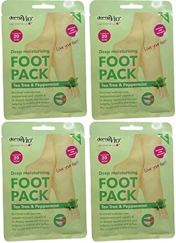 Image of Derma V10 Foot Pack Mask (4 Pack) Deep Moisturising Tea Tree and Peppermint Oil, Honey and Almond Oil Moroccan Argan Oil & Hemp Seed Oil (Tea Tree and Peppermint Oil)