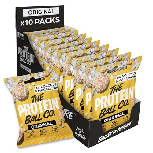 Image of The Protein Ball Co Coconut & Macadamia Protein Balls - High Protein Healthy Snacks, Gluten-Free, No Added Sugar - On-the-Go Energy Balls, Box of 10 Bags