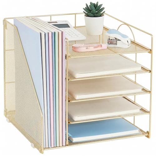 Image of LEKETREE Desk Organizers with File Holder, 5-Tier Paper Organizer Letter Tray with Sliding Drawer and Extra Pen Holder, Mesh Desktop File Organizer for School Office Supplies (Gold)