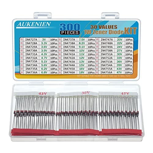 Image of AUKENIEN 1W Zener Diode Kit 3V 3.3V 3.6V 3.9V 4.3V 4.7V 5.1V 5.6V 6.2V 6.8V 7.5V 8.2V 9.1V 10V 11V 12V 13V 15V 16V 18V 20V 22V 24V 27V 30V 33V 36V 39V 43V 47V Zener Diodes Diodos Assortment Pack