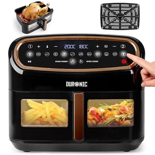 Image of Duronic XXL Digital Air Fryer AF14 BG 10L Family Size Air Fryers Double Drawer 10in1 Dual Zone Extra Large AirFryer with window for Family Cooking with Dishwasher Safe Non-Stick Basket Black & Gold