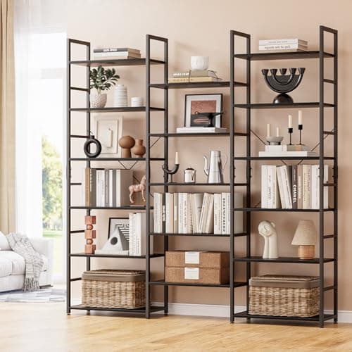 Image of NUMENN Triple Column 6 Tier Bookshelf, Bookcase with 17 Open Display Shelves, Adjustable Rustic Industrial Style Book Shelves, Modern Bookshelves for Bedroom, Living Room and Home Office, Black