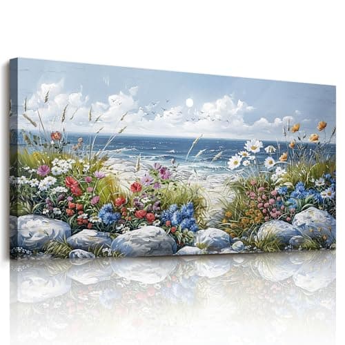 Image of JHHUAMO Canvas Wall Art Large, Natural Sea Landscape Pictures, Frameless Modern Painting, Colorful Flower Wall Decorations for Living Room Bedroom Garden Hallway Office Gallery 29"x57"